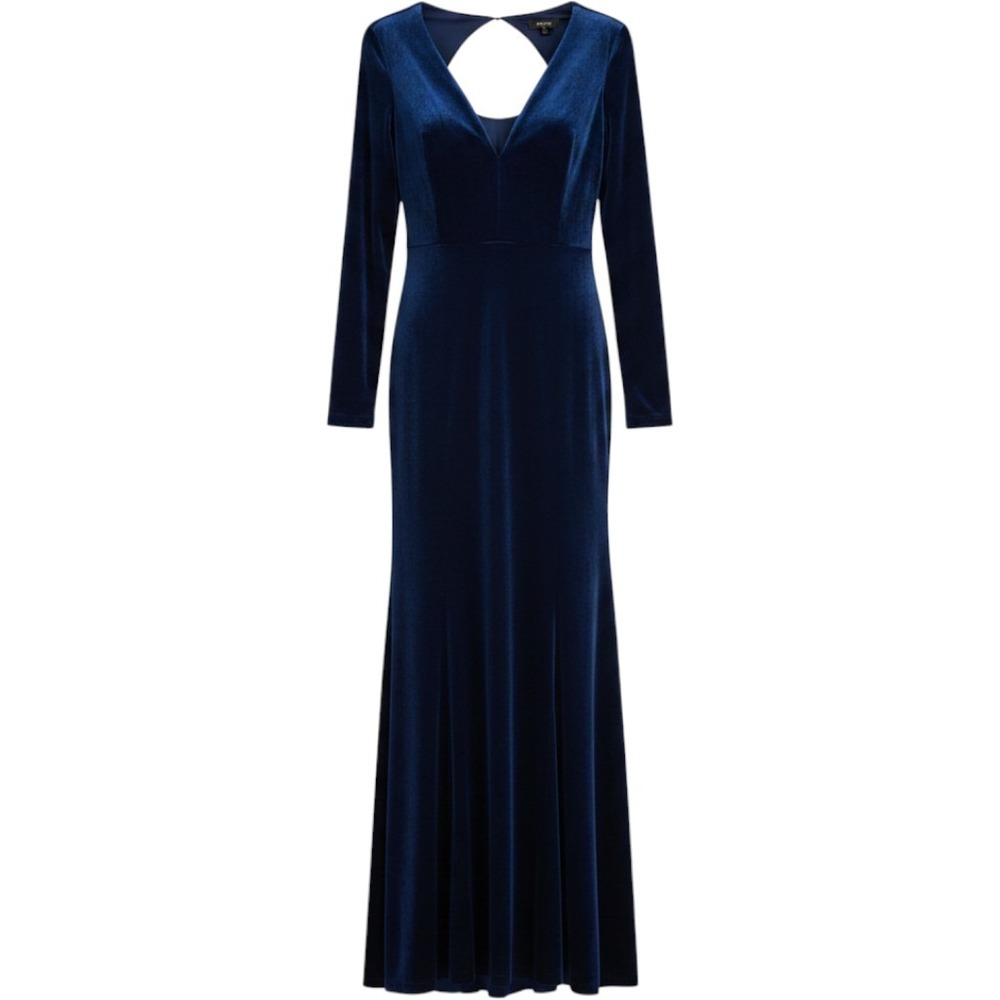 FAERIESTY Navy Blue Velvet Maxi Dress Gown Long Sleeve Open Back V-Neck XL